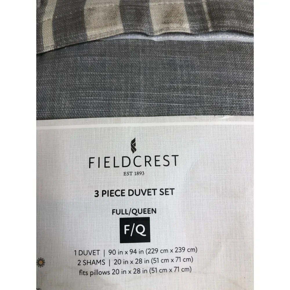 Fieldcrest Full / Queen Duvet Cover Set 3 piece limestone Gray Stripe NEW